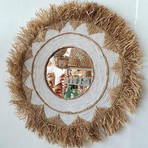 Round Raffia Mirror in Tan and White