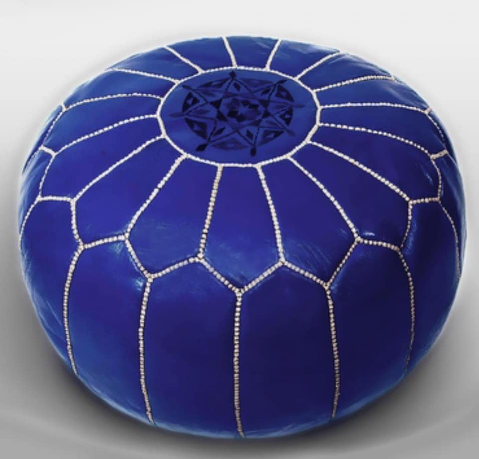 Moroccan Hand Stitched Leather pouf in Royal Blue