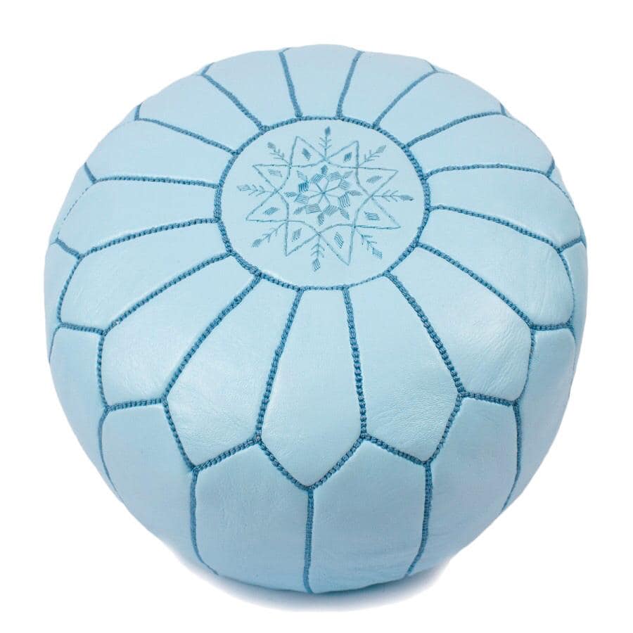 Moroccan Hand Stitched Leather pouf in Baby Blue