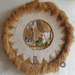 Round Raffia and Straw Grass Mirror in Tan and White