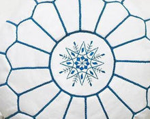 Laden Sie das Bild in den Galerie-Viewer, Moroccan Hand Stitched Leather pouf in White with Blue stitching

