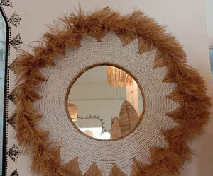 Round Raffia and Straw Grass Mirror in Tan and White