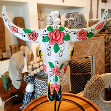Load image into Gallery viewer, Hand Painted Small Resin Cow Skull on a stand in White
