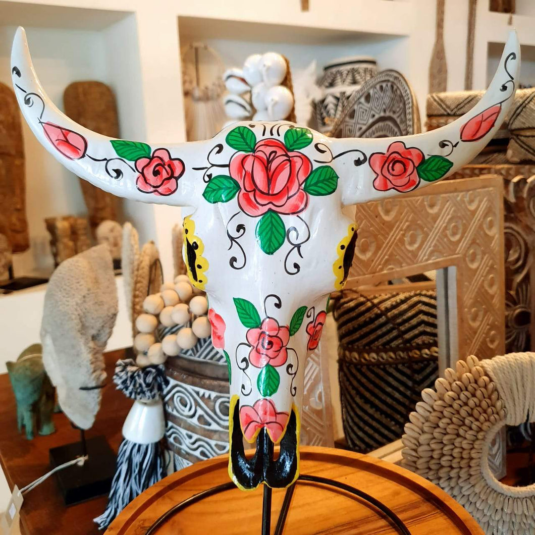 Hand Painted Small Resin Cow Skull on a stand in White