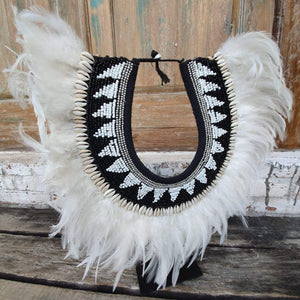 White Feather and Beads Tribal Papua Necklace Stand Black / White - bohemian-beach-house