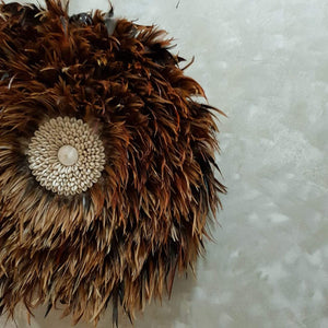 JUJU Hat  Feather & Coffee Bean Cowrie Shell Decor Brown Large - bohemian-beach-house