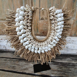 Medium Shell and Raffia Tribal Necklace and Stand Natural - bohemian-beach-house