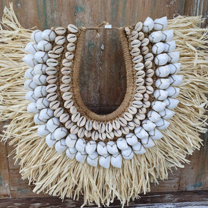 Medium Shell and Raffia Tribal Necklace and Stand Tan - bohemian-beach-house