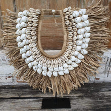 Cargar imagen en el visor de la galería, Medium Shell and Raffia Tribal Necklace and Stand Natural - bohemian-beach-house
