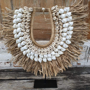 Medium Shell and Raffia Tribal Necklace and Stand Natural - bohemian-beach-house