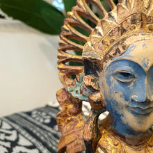 Laden Sie das Bild in den Galerie-Viewer, Gold Hand carved Balinese Masks on a stand
