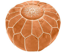 Load image into Gallery viewer, Moroccan Hand Stitched Leather pouf in Tan with white stitching
