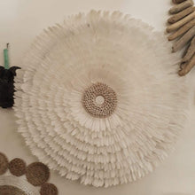 Cargar imagen en el visor de la galería, JUJU Hat Feather &amp; Coffee Bean Cowrie Shell Decor White Large - bohemian-beach-house
