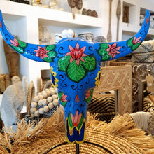 Load image into Gallery viewer, Hand Painted Small Resin Cow Skull on a stand in Blue
