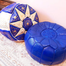 Load image into Gallery viewer, Moroccan Hand Stitched Leather pouf in Blue with Blue stitching
