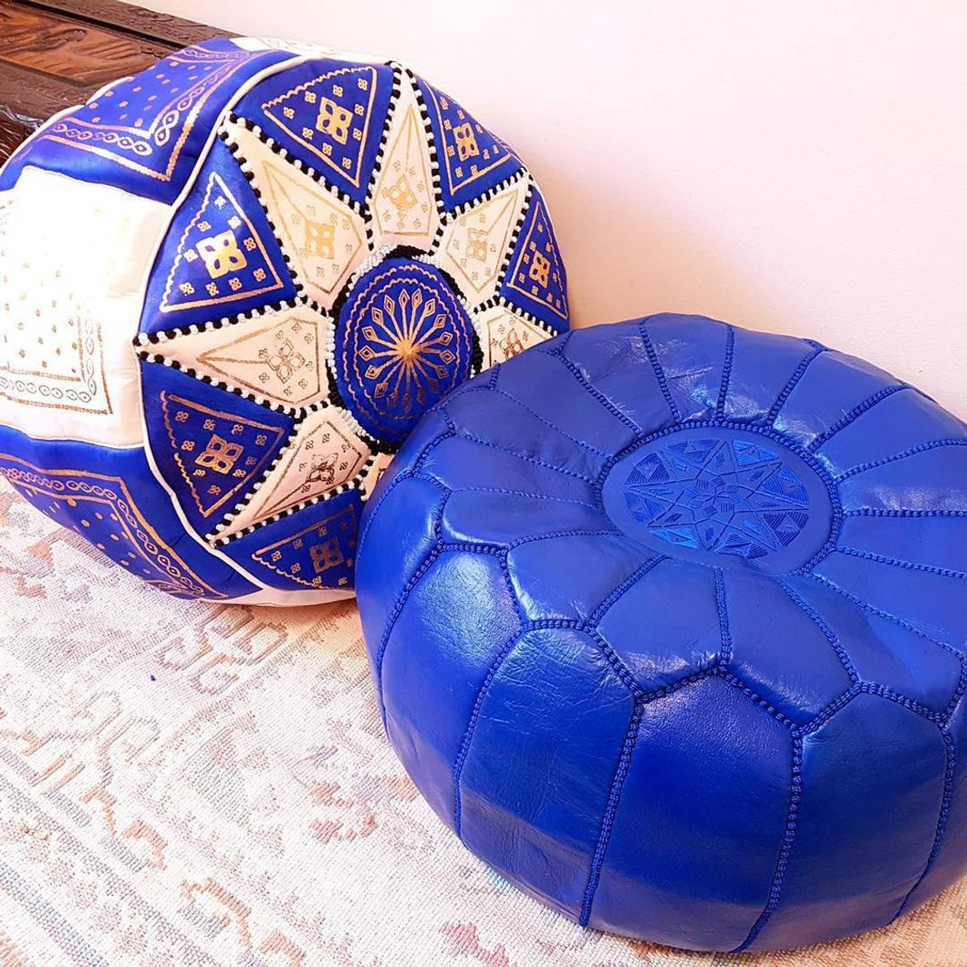 Moroccan Hand Stitched Leather pouf in Blue with Blue stitching