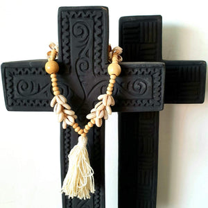 Hand Carved Wooden Cross in Black Lines - bohemian-beach-house