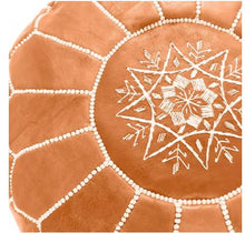 Laden Sie das Bild in den Galerie-Viewer, Moroccan Hand Stitched Leather pouf in Tan with white stitching
