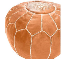 Cargar imagen en el visor de la galería, Moroccan Hand Stitched Leather pouf in Tan with white stitching
