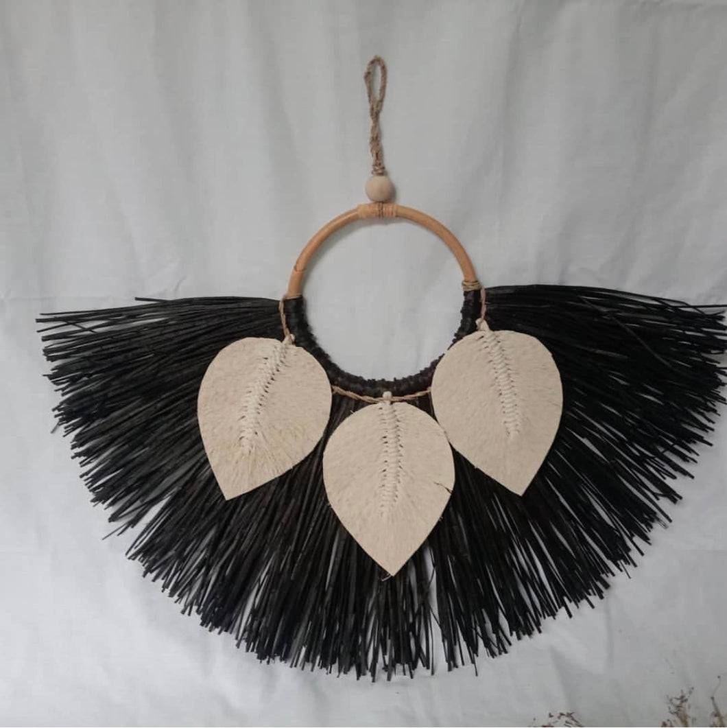Black Seagrass Wall Decor Fan with Leaves in Ivory