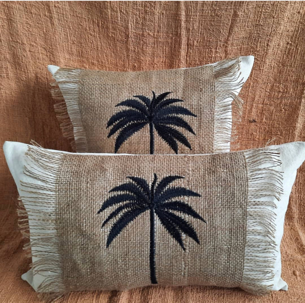 Palm Tree Embroidered Lumbar Pillow in Burlap and White