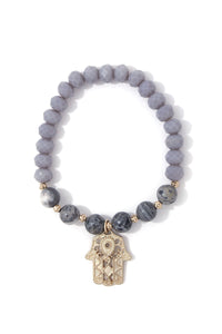 Beaded Bracelet With Hamsa charm in Grey - bohemian-beach-house