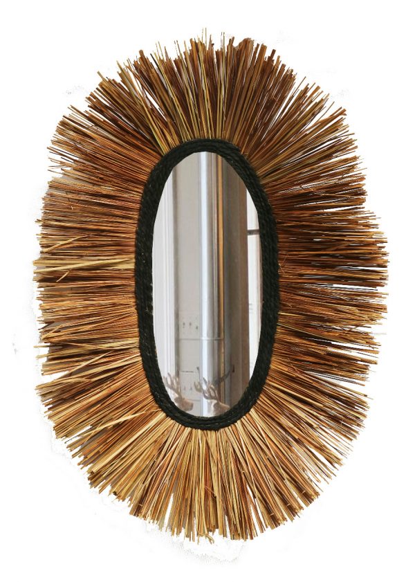 Oval Raffia and Straw Grass Mirror in Tan and Black