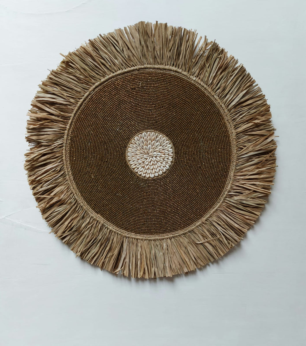 Raffia Cowrie Beaded Shield with Shells in Tan and Natural