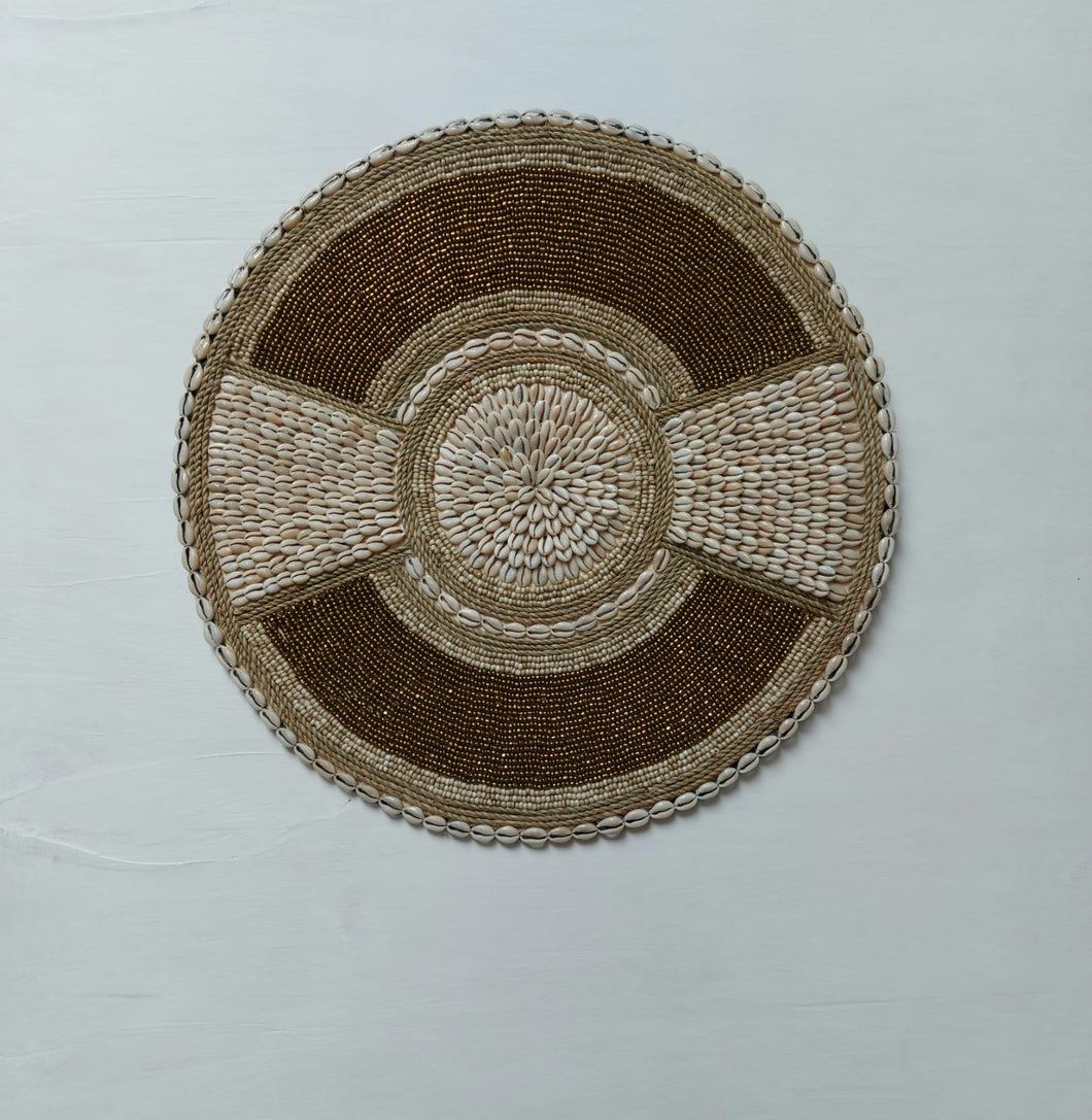 Cowrie Beaded Shield in Tan and Natural