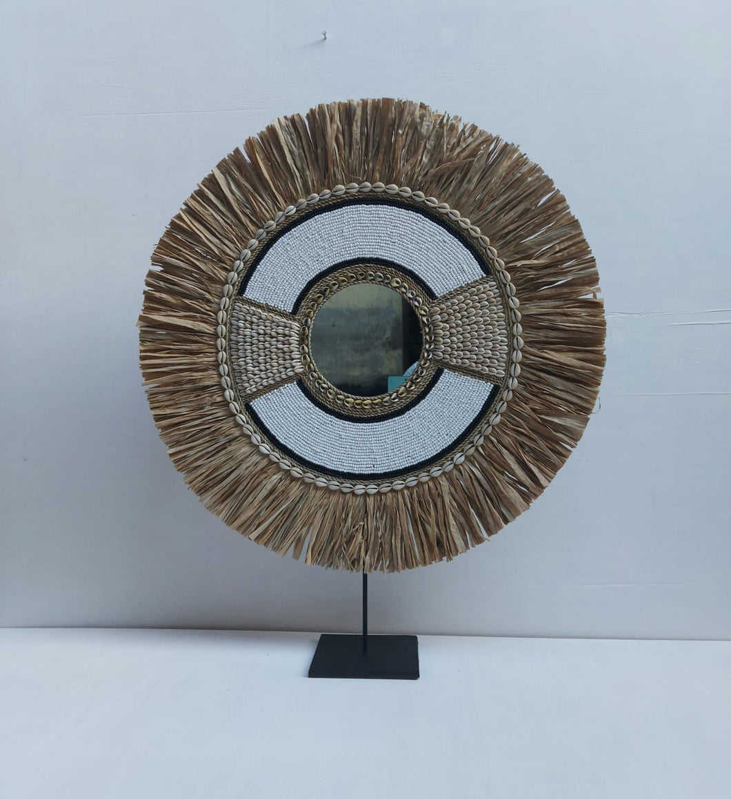 Raffia Cowrie Beaded Shield with Mirror In Tan and White