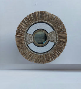 Raffia Cowrie Beaded Shield with Mirror In Tan and Black