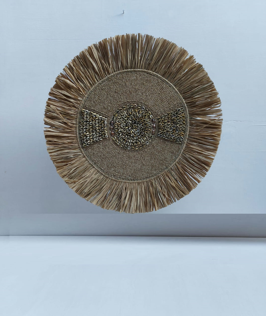 Raffia Cowrie Beaded Shield in Tan and Natural