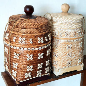 Bamboo and Rattan Baskets with Cowrie Shells in Brown