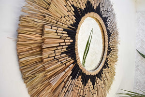 Straw Grass Woven Mirror in Tan and Black